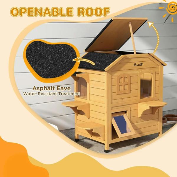 Outdoor wooden cat house with openable roof panel and black textured cover on top