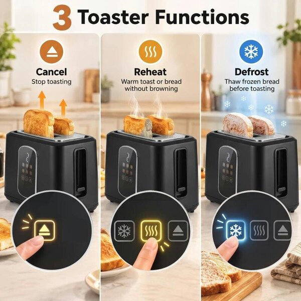 Kettle and Toaster Set with LED Touch Screen, Kettle with Strix Thermostat, 2 Slice Toaster w/ 6 Browning Levels, Black