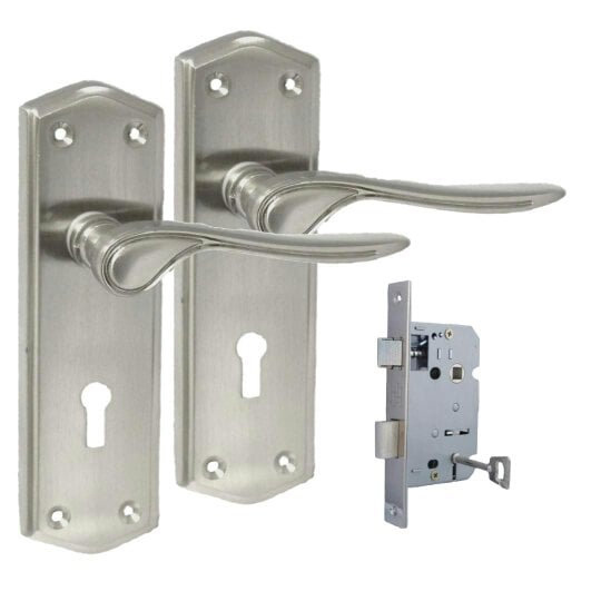 EDH Door Hardware Premium Satin Nickel Internal Lock Door Handles with Long Back Plate and 3 Lever Mortise Sash Lock - Stellar Design