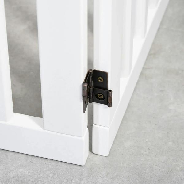 White foldable wooden pet gate hinge latch hardware on the frame side