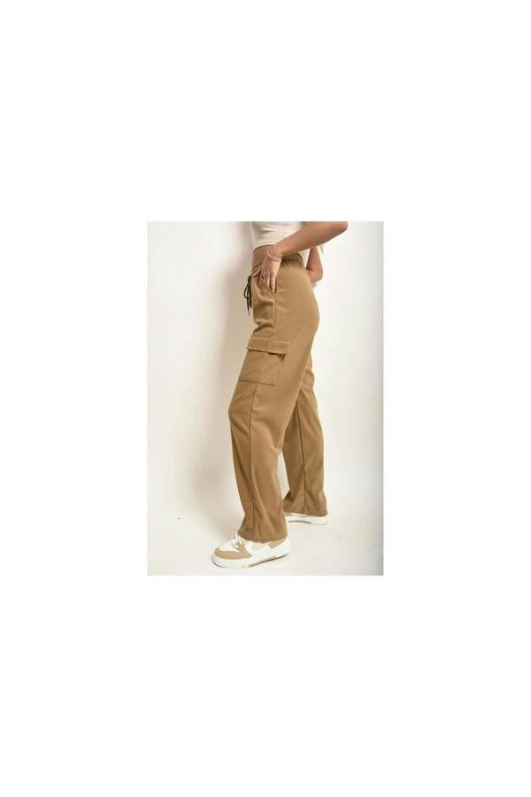 Faye Wide Leg Drawstring Waist Flap Pocket Trouser - Mocha