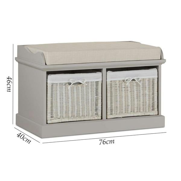 Statement Furniture Tetbury Bench with 2 White Wicker Baskets and Cushion Seat