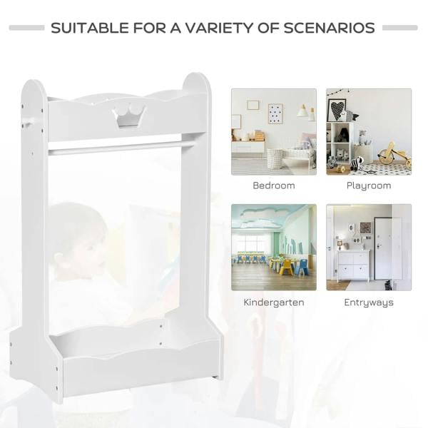 White kids clothing rack with crown top and hanging rail, shown for multiple rooms