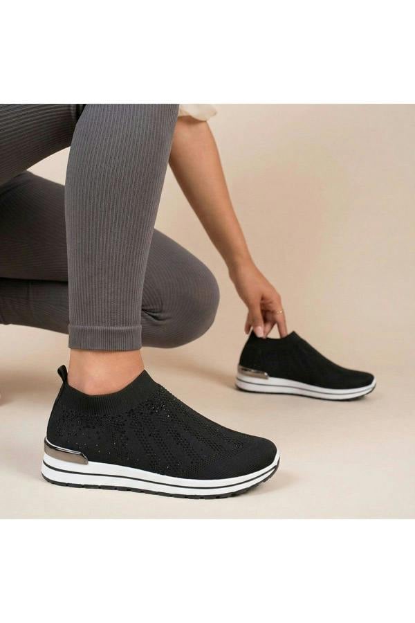 Tawnie Diamante Knit Slip-on Wedge Trainers - Black/White