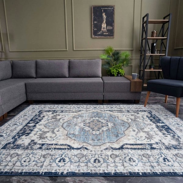 Living Room Rug Bordered Medallion Design