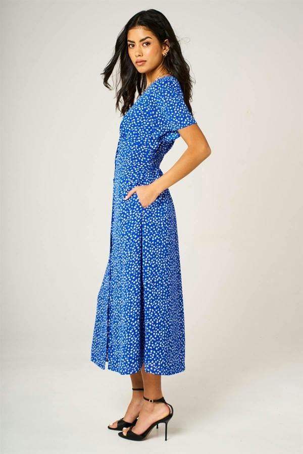 FS Collection Little Floral Print Button Front Midi Dress In Blue