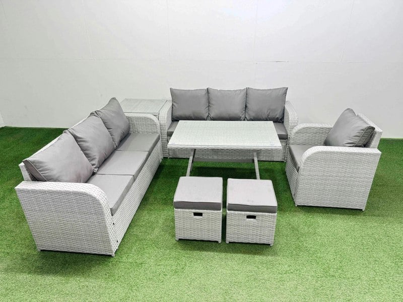 Fimous 7 Pieces Outdoor PE Rattan Garden Furniture with Cushions Reclining Chair Side Table 2 Small Stools Light Grey