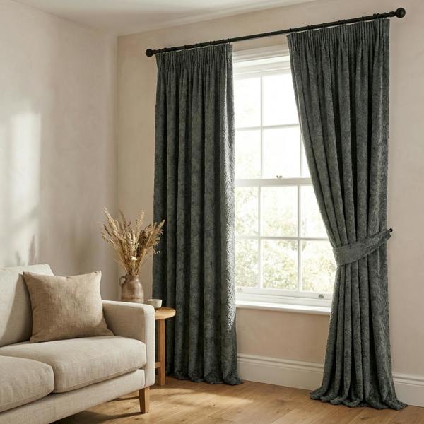 Athens made-to-measure curtains in Alfresco, styled in a living room