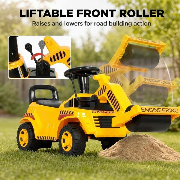 Ride On Tractor, Kids Bulldozer Pull Cart with Horn, Storage, Front Roller, Ride-On Car for Ages 1-4 Years, Yellow