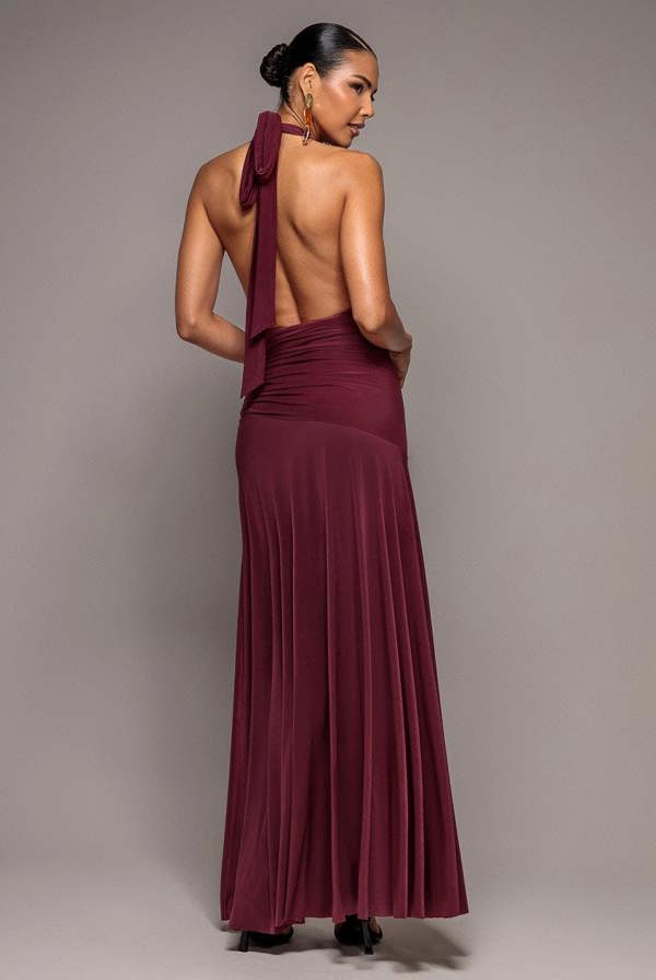 Halter Neck Empire Waist Gathered Maxi Dress - Burgundy DR5259