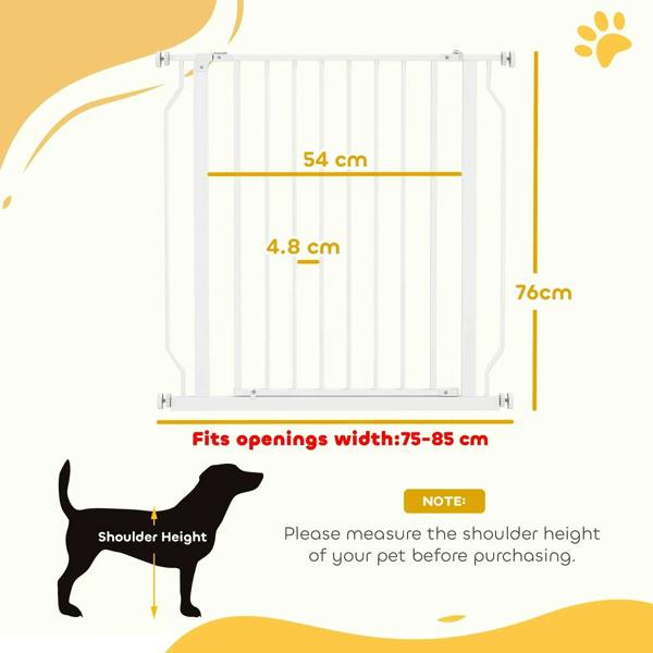 White dog gate showing size diagram and fit opening range for doorways