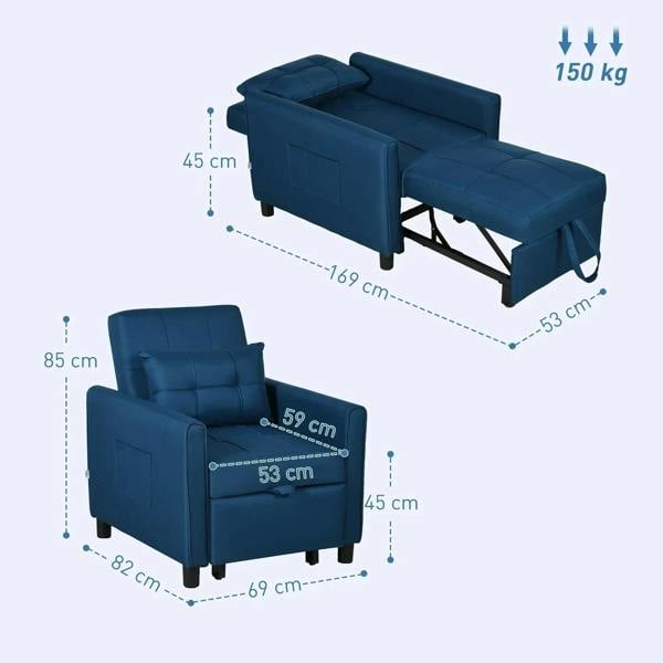 Blue single chair bed in open and closed views with dimension measurements