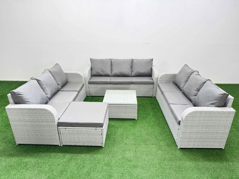 Fimous PE Rattan Lounge Sofa Set 10 Seater Outdoor Garden Furniture Set with Square Coffee Table 3 Seater Sofa Big Footstool Light Grey