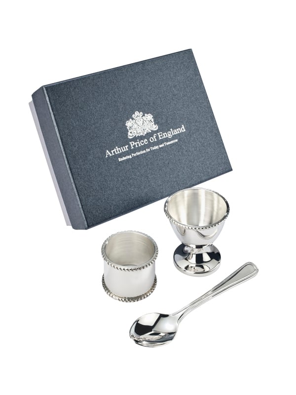 Arthur Price of England Children's Silver Plated Egg Cup,Napkin Ring And Spoon, Luxury Christening Gift