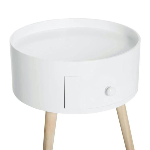White round bedside table with drawer and light wood legs