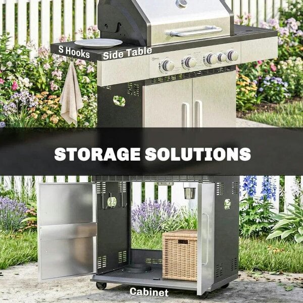 Bobobiy 4+1 Burner Gas BBQ Grill, Portable Gas Barbecue Grill with Side Burner, Warming Rack, Side Shelf, Storage Cabinet