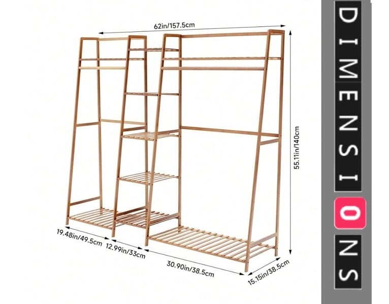 Modcraft Bamboo Garment Rack with 2 Hanging Rods & 5 Tier Storage Shelves – Natural Wood Finish
