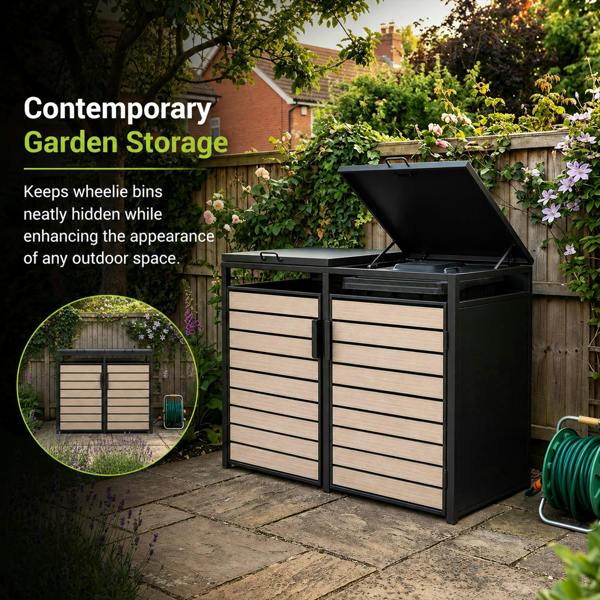 Nicoman Outdoor Metal Garbage Bin Shed with Wood Effect Doors