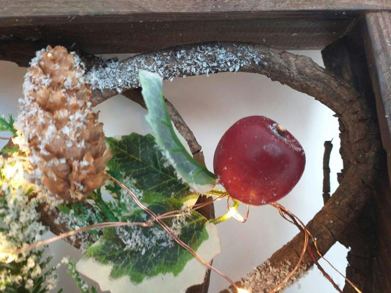 Prelit Wooden Square Frame Tabletop Decorations Xmas with Leaves Pine Cones Berries 3D Nordic Scene,30cm image 3