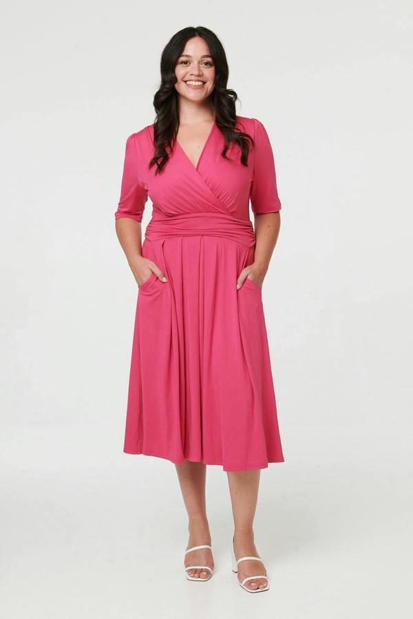 Fuschia | Curve Ruched Waist Faux Wrap Midi Dress