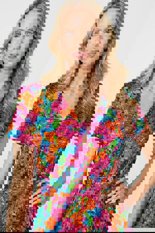 Pink | Floral V-Neck Short Sleeve Maxi Dress