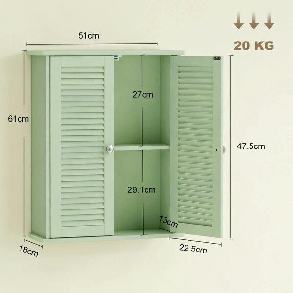 Bathroom Cabinet, Bathroom Wall Cabinet with Louvered Doors and Adjustable Shelf Storage for Kitchen, Light Green