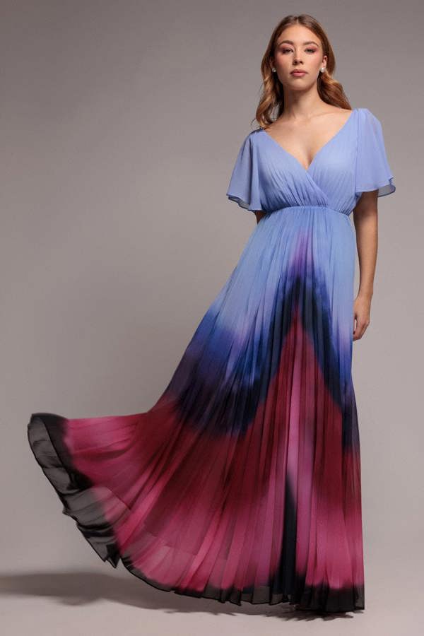 Wavy Ombre A-Line Chiffon Maxi Dress - Blue DR4207