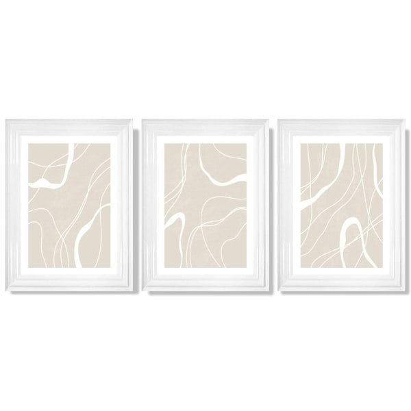 Set of 3 Abstract Neutral Beige Framed Art Prints with Glossy White Frames