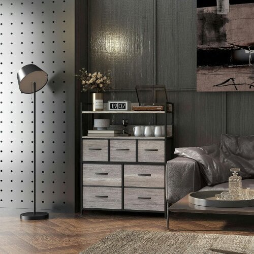 Wyld Haus Norale Fabric And Wood Grey Wood Effect 7 Drawer Rustic Storage Chest