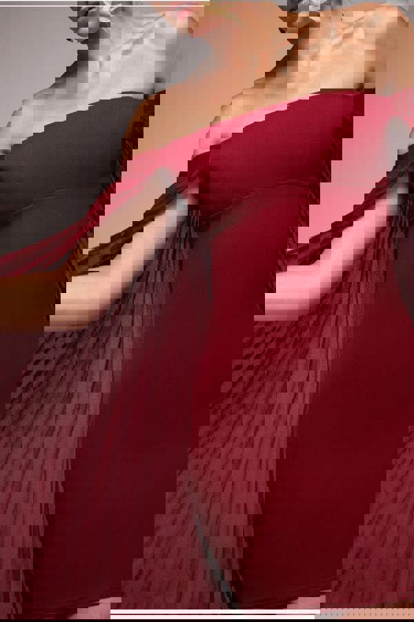 Strapless Mini Dress With Pleated Chiffon Cape - Burgundy DR4789