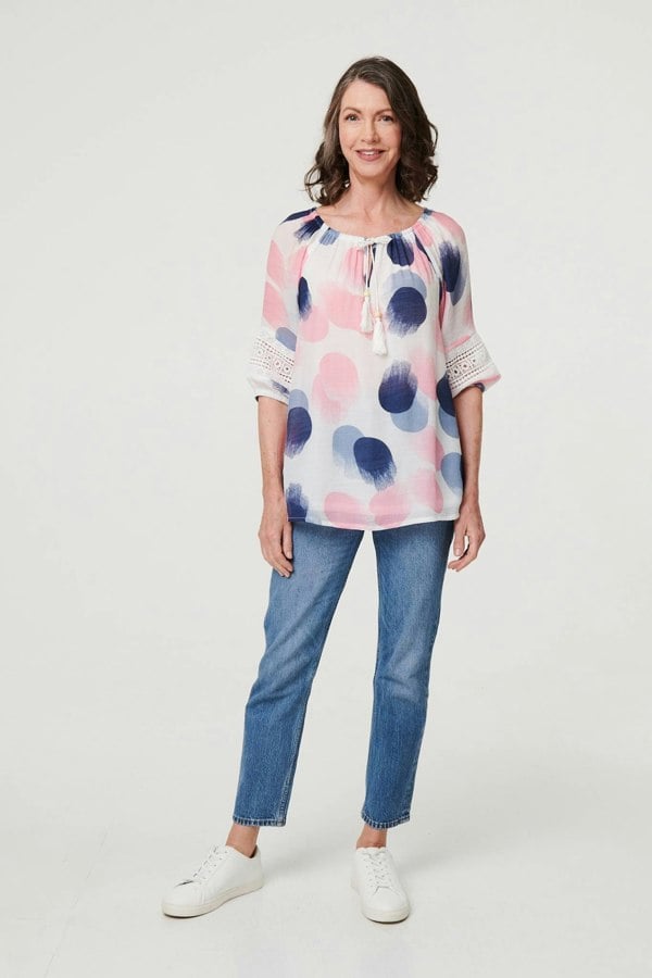 Pink | Printed Lace Trim Tassel Front Blouse
