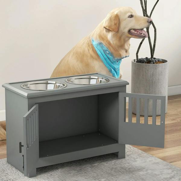 Grey raised dog feeding station with two stainless bowls and side rail storage cabinet