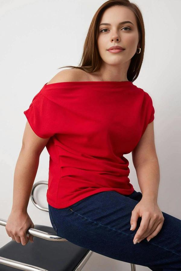 WOVCOR Draped Detail Asymmetrical Collar Knitted Blouse