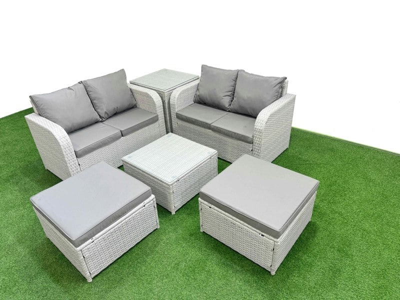 Fimous 6 Seater Outdoor Love Sofa Set Rattan Garden Furniture Set with Square Coffee Table 2 Footstool Side Table Light Grey