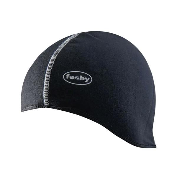 Black Fashy thermal swim cap with white logo, neoprene trim