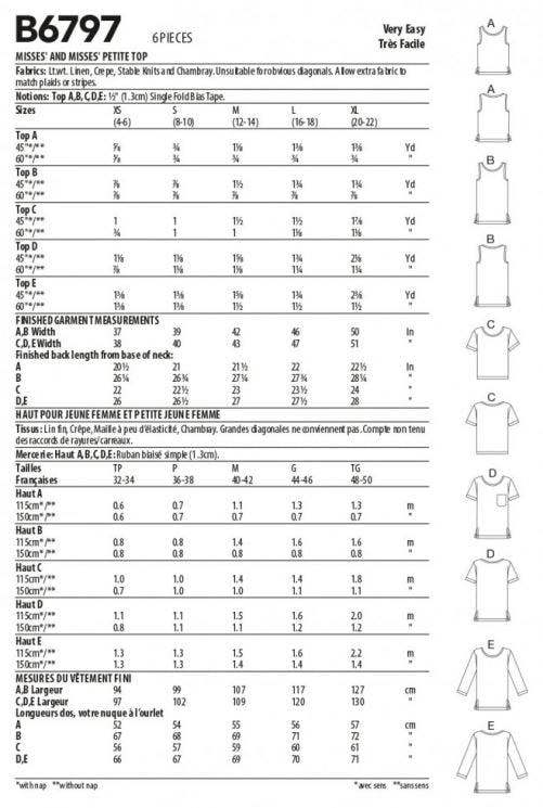 Butterick Sewing Pattern 6797, Tops for Women, A (XS-S-M-L-XL) - Easy