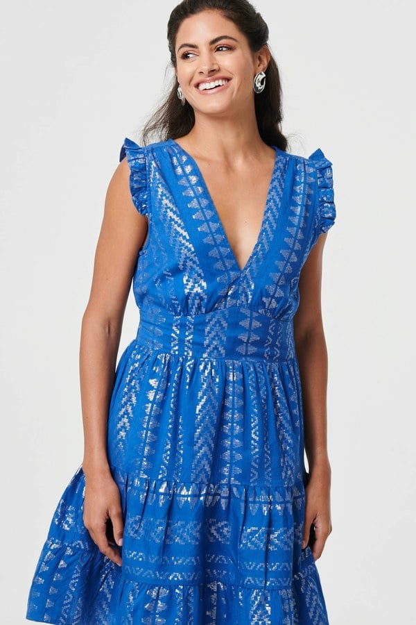 Blue | Metallic Cap Sleeve Short Skater Dress
