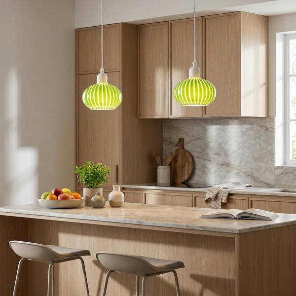 Bright Emerald Green and White Striped Glass Pendant Lighting Shade Image 6