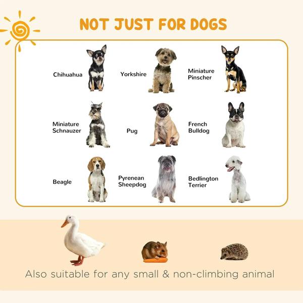 Black eight-panel pet playpen for small animals, shown with multiple breed icons