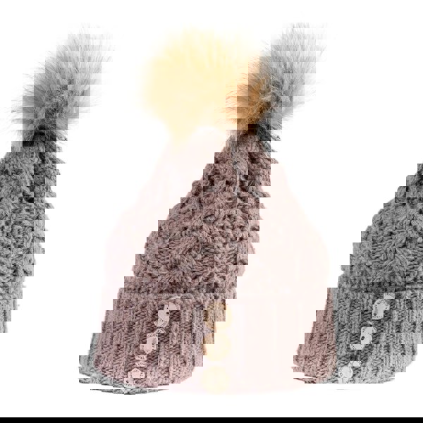 Aran Diamond Cable Button Hat Fisherman Stitch Pom Pom Hat | Chunky Rib Knit with Faux Fur Pom Pom