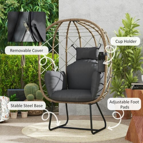 Wyld Haus Nepa Rattan Brown and Grey Outdoor Garden Egg Chair With Cushions And Cup Holder