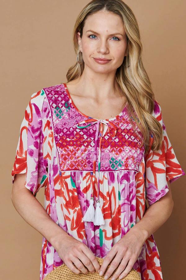 Pink | Printed Tassel Knee Length Smock Dress