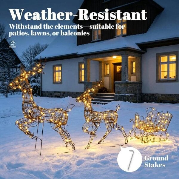 Bobobiy 3-Piece Lighted Reindeer and Sleigh Set, PP Rattan Outdoor Christmas Decoration with LEDs, 8 Modes, Daily Timer
