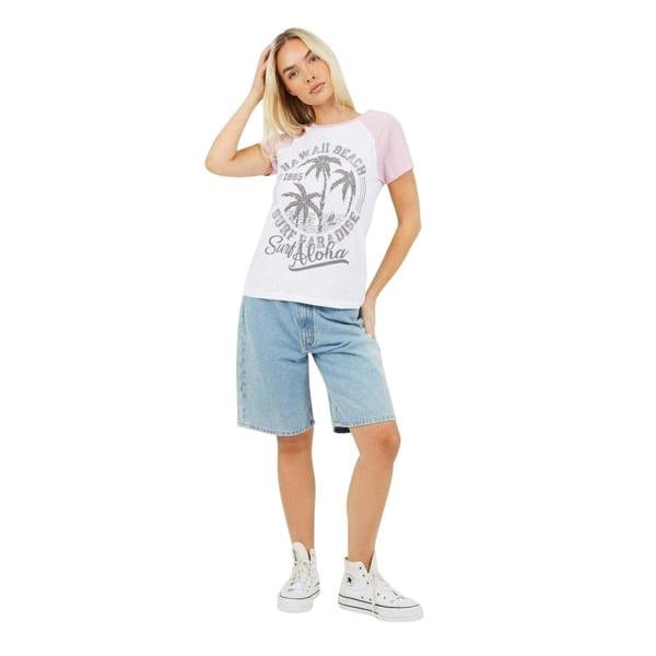 Brave Soul Womens/Ladies Lettering Contrast Sleeves T-Shirt - White/Lilac - 
