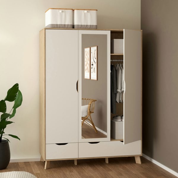 Furniture To Go Ikast Wardrobe 3 Doors and 2 Drawers with Mirror in Jackson Hickory and White