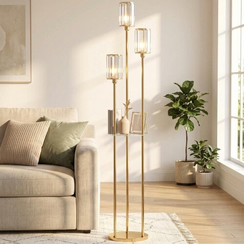 HOMCOM Floor Lamp with Shelves and Foot Switch, Bulbs Not Included, Gold