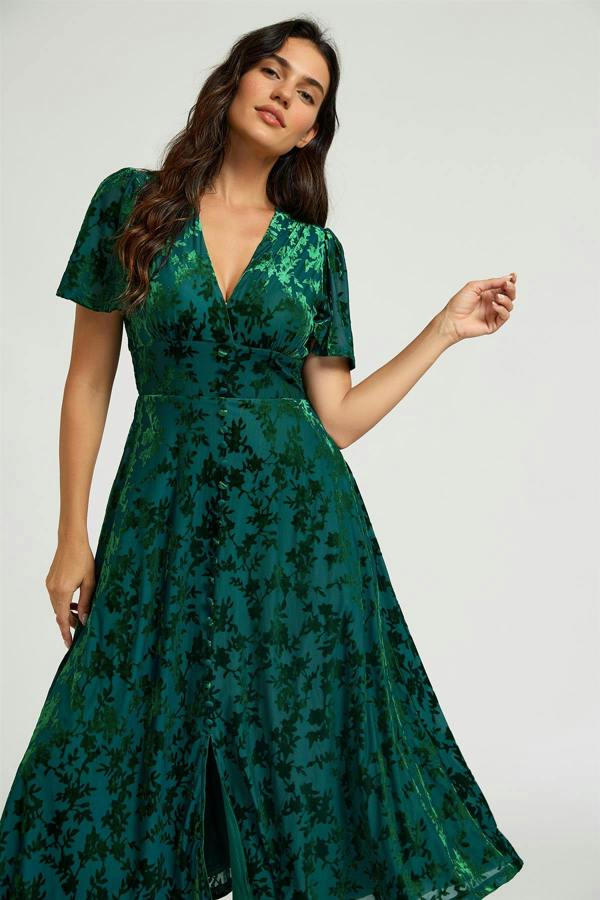 FS Collection Floral Velvet Devore V neckline Dress In Green