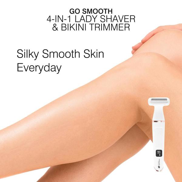 A promotional image for the Go Smooth 4-in-1 Lady Shaver & Bikini Trimmer, showing smooth legs to emphasize the results of using the product. The lady shaver is pictured in the bottom right, suggesting it can help achieve silky smooth skin every day, particularly around the bikini line and legs.