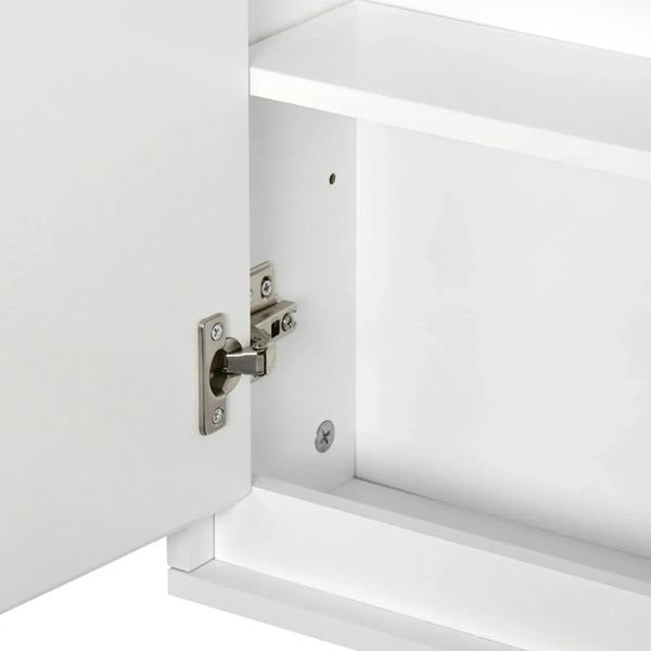 White mirror cabinet hinge and latch detail on open door