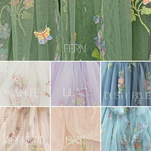 Collage of embroidered fabrics in various colors with labels underneath.